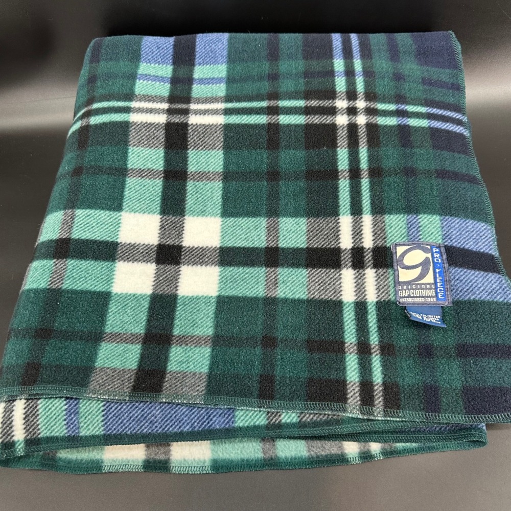 Vintage GAP Pro Fleece Plaid Blanket 60" x 60" | Made in Korea | Green Blue